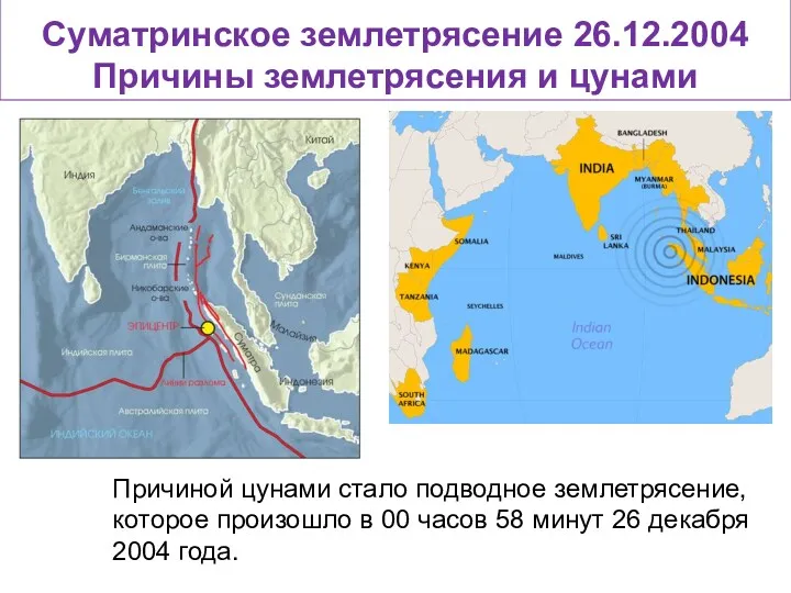 Суматринское землетрясение 26.12.2004 Причины землетрясения и цунами Причиной цунами стало