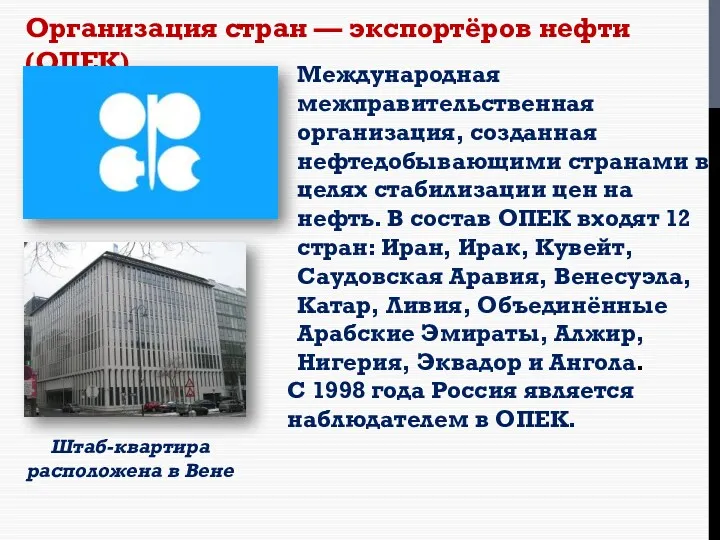 Организация стран — экспортёров нефти (ОПЕК) Международная межправительственная организация, созданная