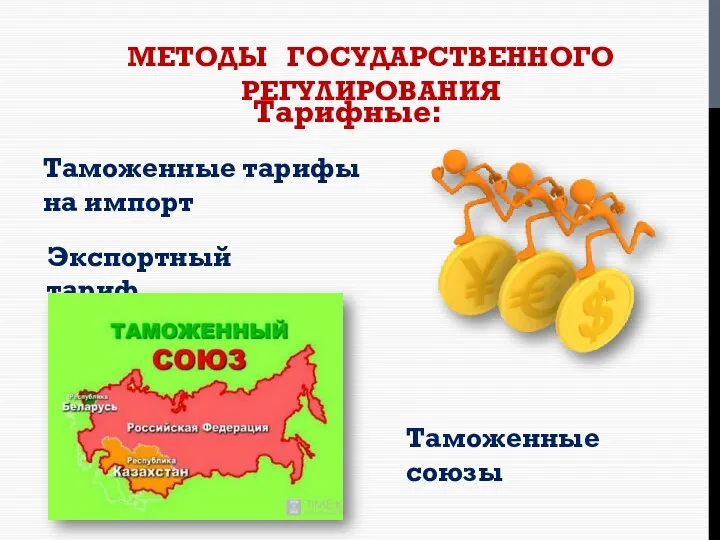 МЕТОДЫ ГОСУДАРСТВЕННОГО РЕГУЛИРОВАНИЯ Тарифные: Таможенные тарифы на импорт Экспортный тариф Таможенные союзы