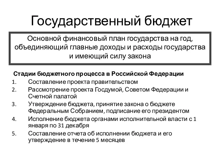 Государственный бюджет Стадии бюджетного процесса в Российской Федерации Составление проекта