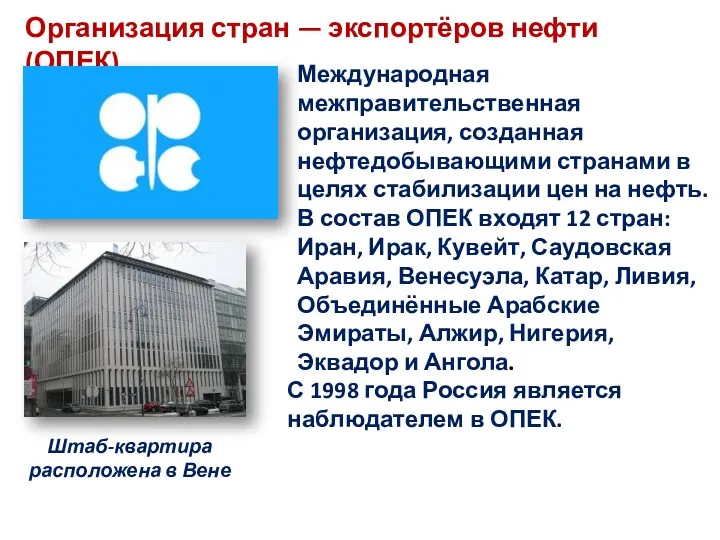 Организация стран — экспортёров нефти (ОПЕК) Международная межправительственная организация, созданная