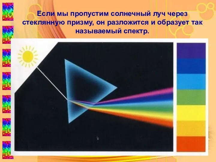 Если мы пропустим солнечный луч через стеклянную призму, он разложится и образует так называемый спектр.