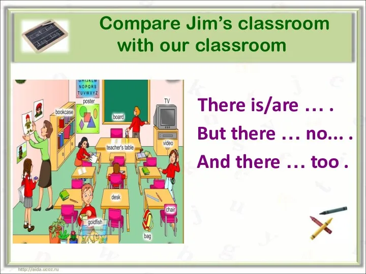 Compare Jim’s classroom with our classroom There is/are … .