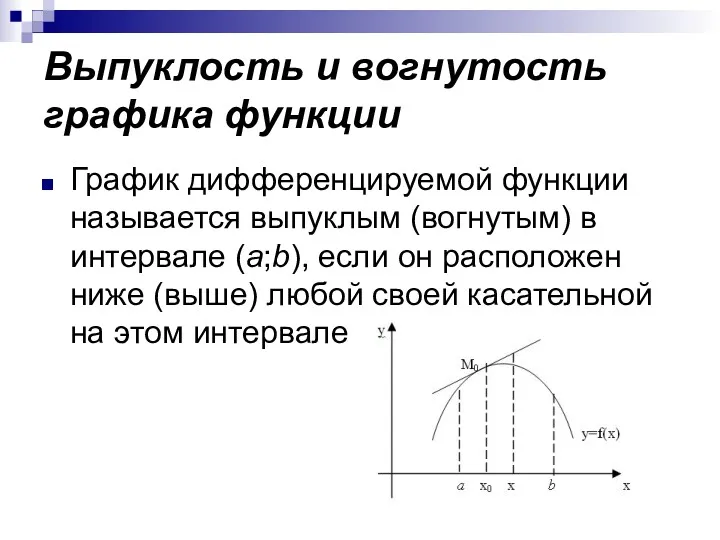 Выпуклость и вогнутость графика функции График дифференцируемой функции называется выпуклым