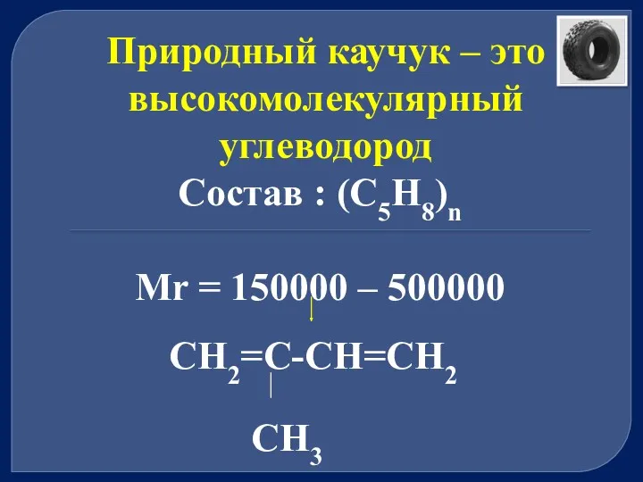 Природный каучук – это высокомолекулярный углеводород Состав : (С5Н8)n Mr = 150000 – 500000 СН2=С-СН=СН2 СН3