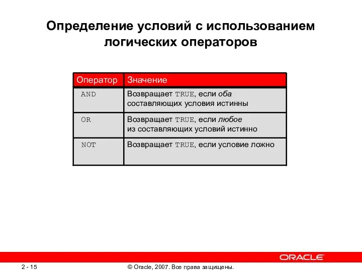 Определение условий с использованием логических операторов Возвращает TRUE, если условие