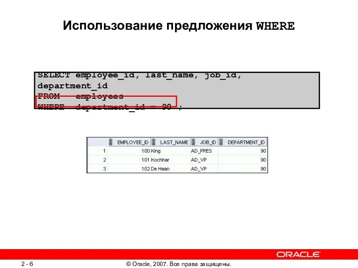 SELECT employee_id, last_name, job_id, department_id FROM employees WHERE department_id = 90 ; Использование предложения WHERE