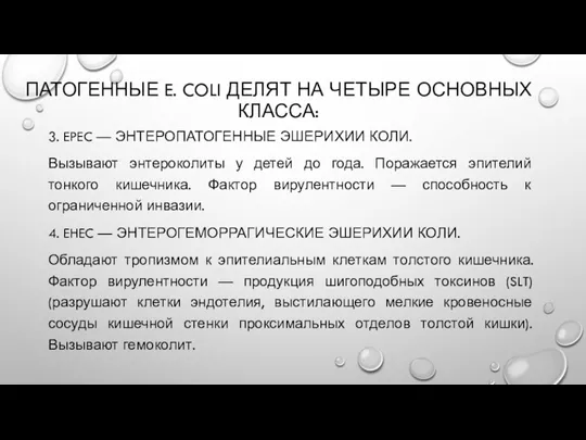 ПАТОГЕННЫЕ E. COLI ДЕЛЯТ НА ЧЕТЫРЕ ОСНОВНЫХ КЛАССА: 3. EPEC