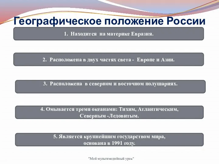 Географическое положение России 3. Расположена в северном и восточном полушариях.