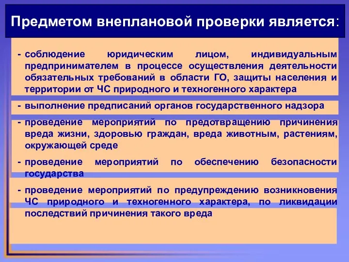 Предметом внеплановой проверки является: - соблюдение юридическим лицом, индивидуальным предпринимателем