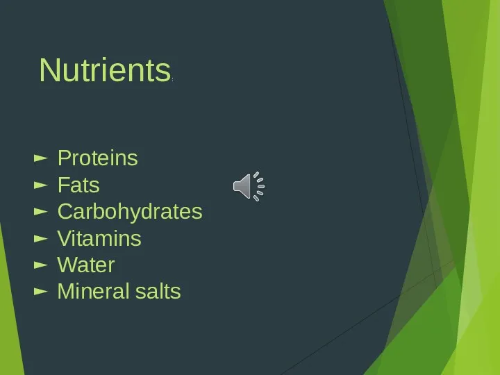 Nutrients: Proteins Fats Carbohydrates Vitamins Water Mineral salts