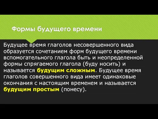 Формы будущего времени Будущее время глаголов несовершенного вида образуется сочетанием