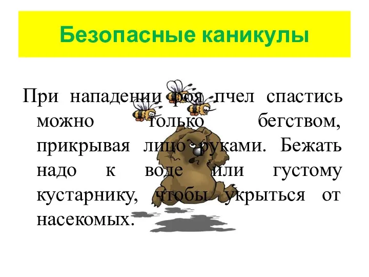 Безопасные каникулы При нападении роя пчел спастись можно только бегством,