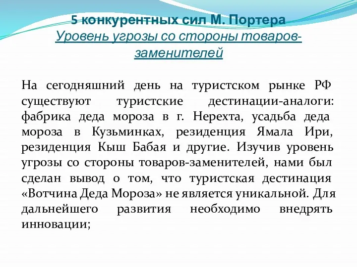 5 конкурентных сил М. Портера Уровень угрозы со стороны товаров-заменителей