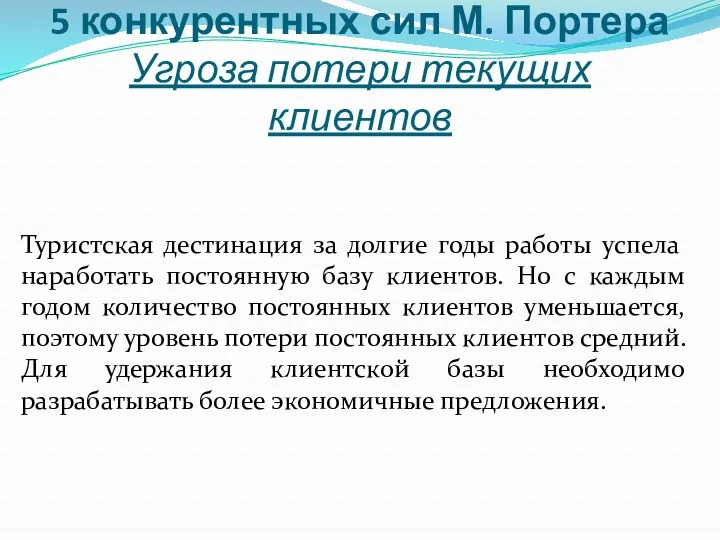 5 конкурентных сил М. Портера Угроза потери текущих клиентов Туристская