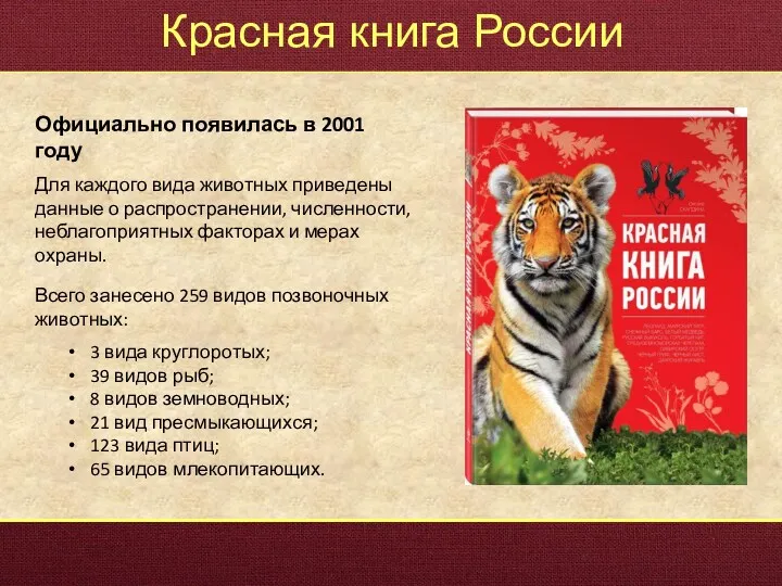 Красная книга России Официально появилась в 2001 году Для каждого вида животных приведены