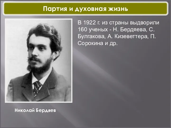 Николай Бердяев В 1922 г. из страны выдворили 160 ученых - Н. Бердяева,