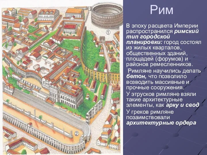 Рим В эпоху расцвета Империи распространился римский тип городской планировки: город состоял из
