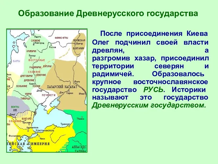 Образование Древнерусского государства После присоединения Киева Олег подчинил своей власти