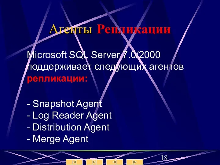 Агенты Репликации Microsoft SQL Server 7.0/2000 поддерживает следующих агентов репликации: