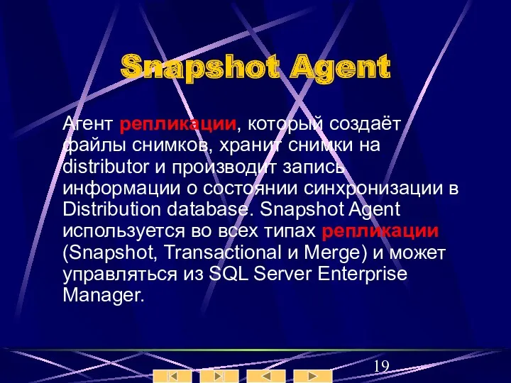 Snapshot Agent Агент репликации, который создаёт файлы снимков, хранит снимки