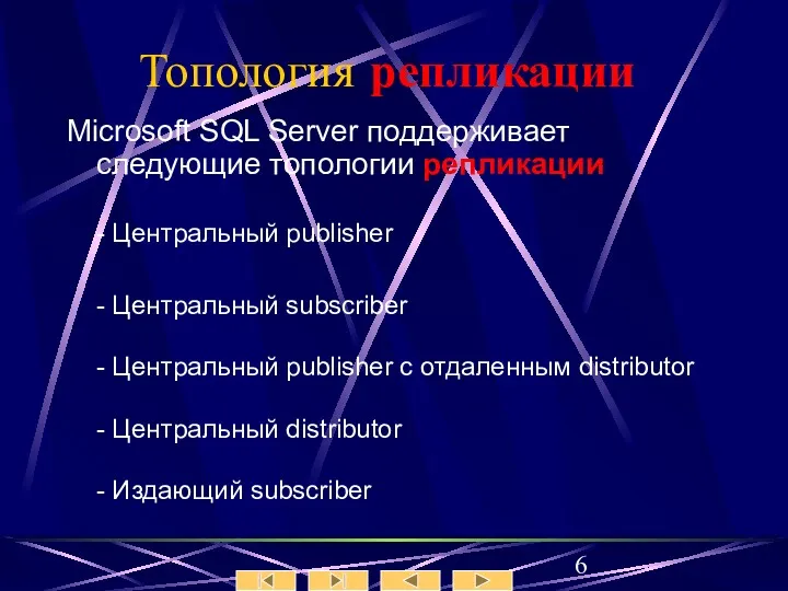 Топология репликации Microsoft SQL Server поддерживает следующие топологии репликации -