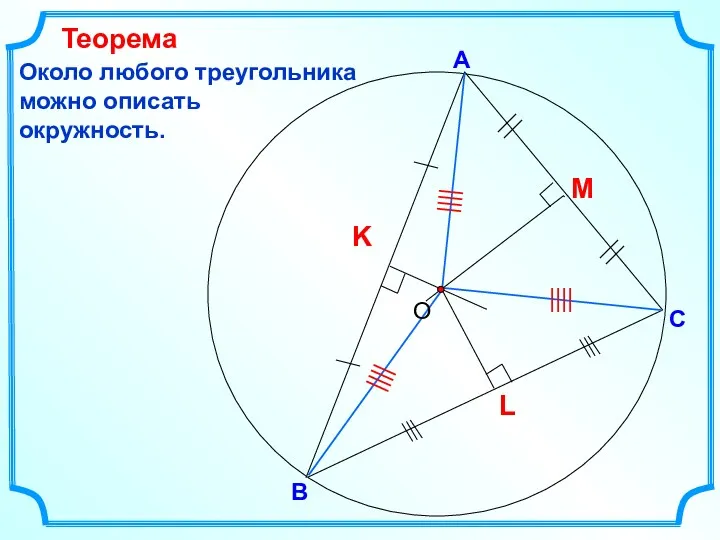 В С А Около любого треугольника можно описать окружность. Теорема