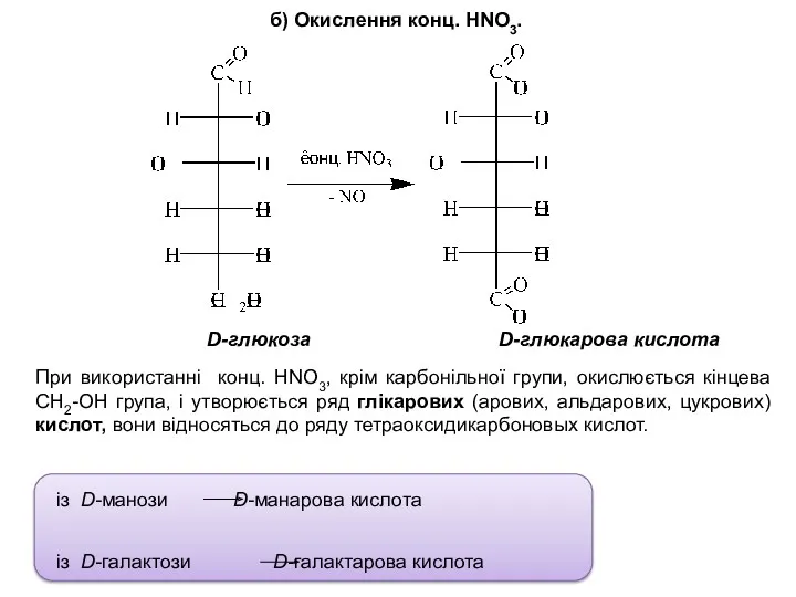 б) Окислення конц. HNO3. D-глюкоза D-глюкарова кислота При використанні конц. HNO3, крім карбонільної