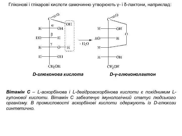 Гліконові і глікарові кислоти самочинно утворюють γ- і δ-лактони, наприклад: D-глюконова кислота D-γ-глюконолактон