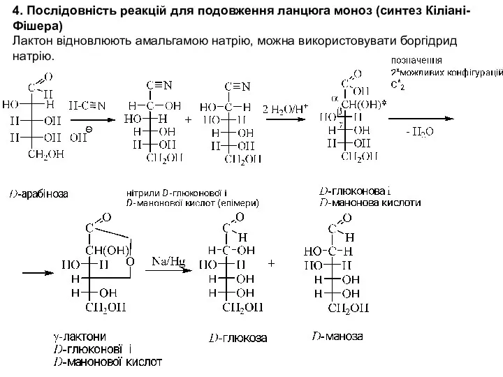 4. Послідовність реакцій для подовження ланцюга моноз (синтез Кіліані-Фішера) Лактон відновлюють амальгамою натрію,