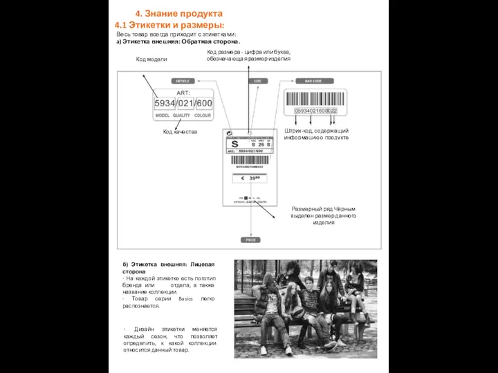 4.1 Этикетки и размеры: Весь товар всегда приходит с этикетками: