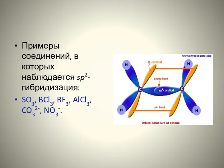 Примеры соединений, в которых наблюдается sp2-гибридизация: SO3, BCl3, BF3, AlCl3, CO32-, NO3-.