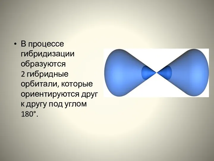 В процессе гибридизации образуются 2 гибридные орбитали, которые ориентируются друг к другу под углом 180°.