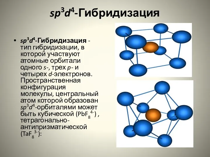 sp3d4-Гибридизация sp3d4-Гибридизация - тип гибридизации, в которой участвуют атомные орбитали