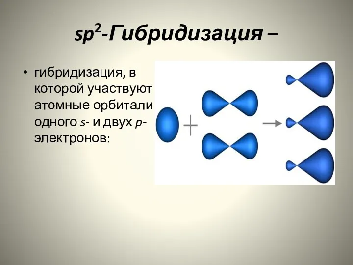 sp2-Гибридизация – гибридизация, в которой участвуют атомные орбитали одного s- и двух p-электронов: