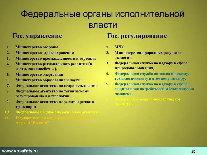 Федеральные органы исполнительной власти Гос. управление Гос. регулирование Министерство обороны