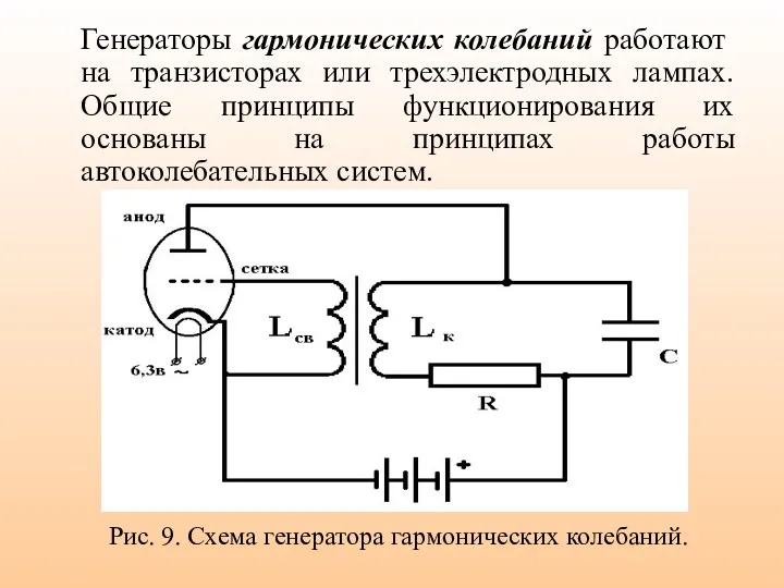 Генераторы гармонических колебаний работают на транзисторах или трехэлектродных лампах. Общие