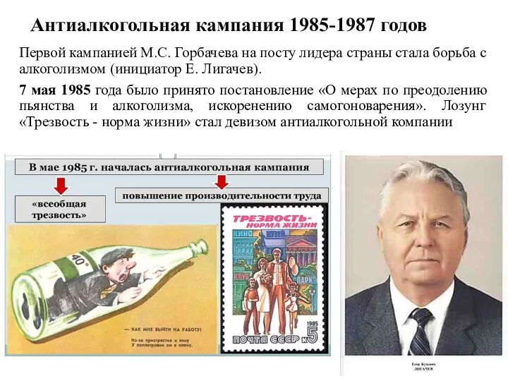 Антиалкогольная кампания 1985-1987 годов Первой кампанией М.С. Горбачева на посту