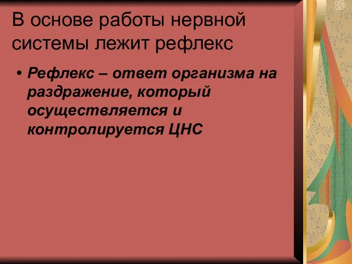 В основе работы нервной системы лежит рефлекс Рефлекс – ответ