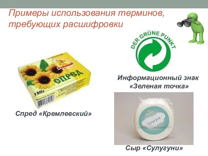 Примеры использования терминов, требующих расшифровки Спред «Кремлевский» Сыр «Сулугуни» Информационный знак «Зеленая точка»