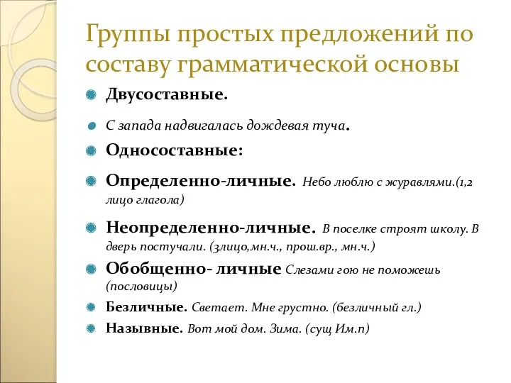 Группы простых предложений по составу грамматической основы Двусоставные. С запада