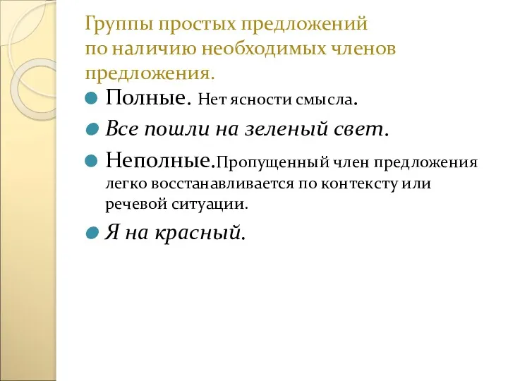 Группы простых предложений по наличию необходимых членов предложения. Полные. Нет