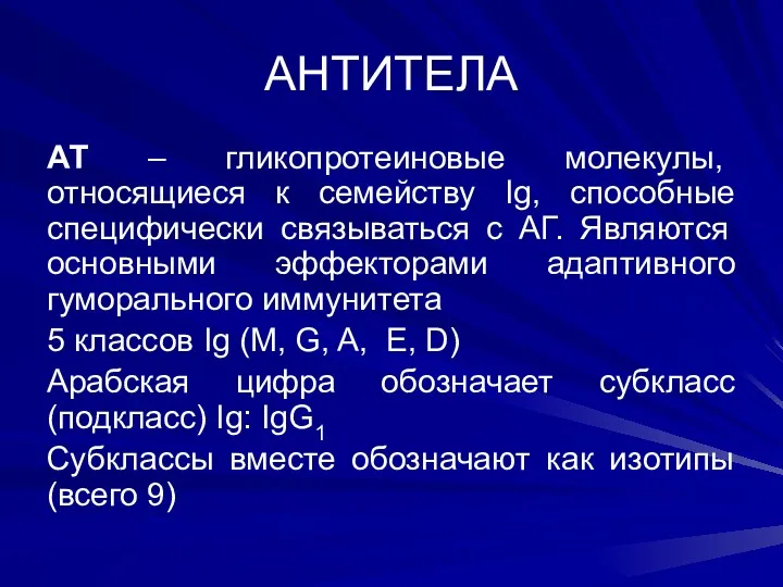 АНТИТЕЛА АТ – гликопротеиновые молекулы, относящиеся к семейству Ig, способные специфически связываться с