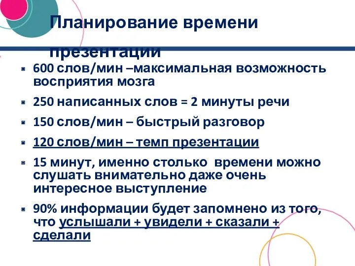 Планирование времени презентации 600 слов/мин –максимальная возможность восприятия мозга 250 написанных слов =