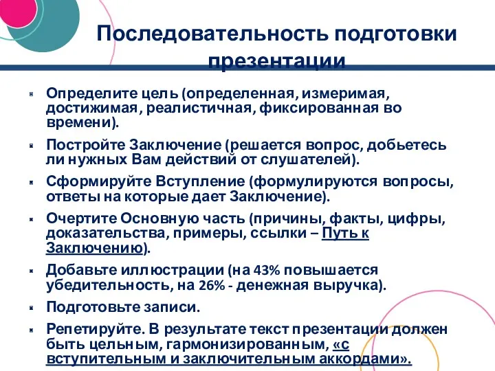 Последовательность подготовки презентации Определите цель (определенная, измеримая, достижимая, реалистичная, фиксированная во времени). Постройте