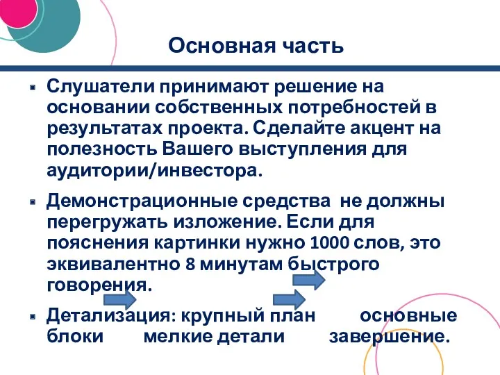 Основная часть Слушатели принимают решение на основании собственных потребностей в результатах проекта. Сделайте