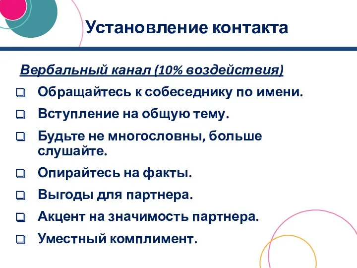 Установление контакта Вербальный канал (10% воздействия) Обращайтесь к собеседнику по имени. Вступление на