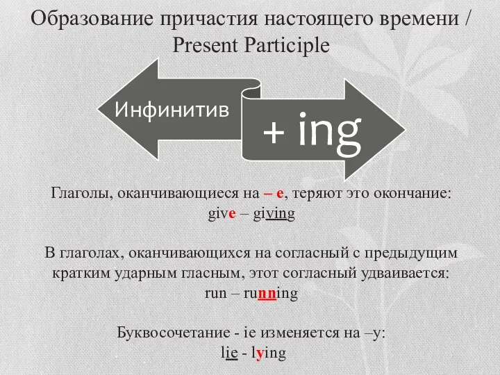 Образование причастия настоящего времени / Present Participle Глаголы, оканчивающиеся на