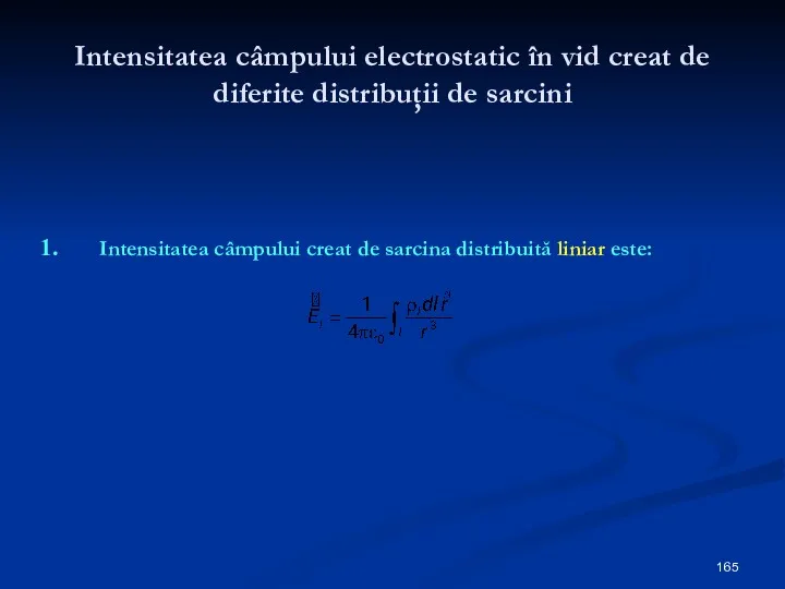 Intensitatea câmpului electrostatic în vid creat de diferite distribuţii de