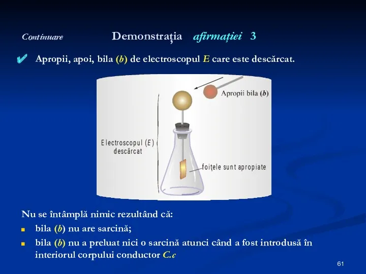 Continuare Demonstraţia afirmaţiei 3 Apropii, apoi, bila (b) de electroscopul